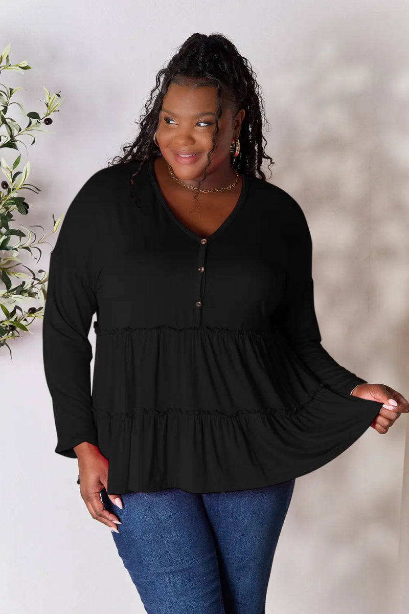 Double Take Half Button Long Sleeve Ruffle Hem Blouse - Love Salve